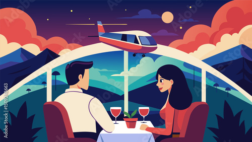 A couple on a romantic evening using an air taxi to reach their dinner reservation enjoying the scenic view from above.. Vector illustration