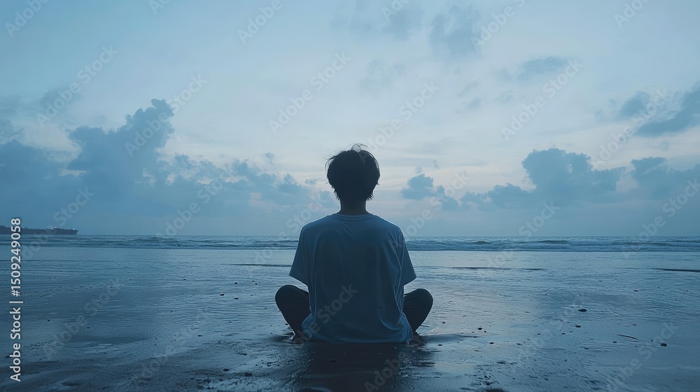 Fototapeta premium Person meditating on a beach at dawn.