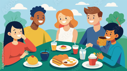 A group of friends sit around a picnic table laughing and chatting while enjoying their breakfast of freshly made mangu with a side of fried eggs and mang cake.. Vector illustration
