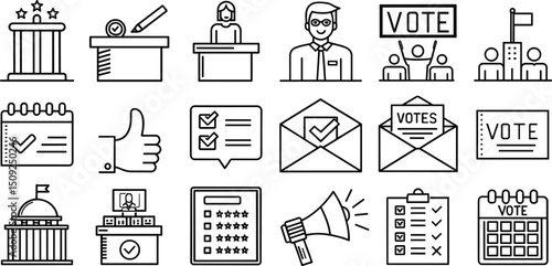 Set of isolated voting and election icons, ballot box, voting checklists, thumbs up, voter registration, government building, transparent background