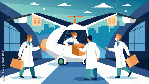 A group of scientists board an eVTOL their lab coats and equipment neatly stowed away in the cargo hold as they discuss their latest breakthroughs and research plans during the. Vector illustration