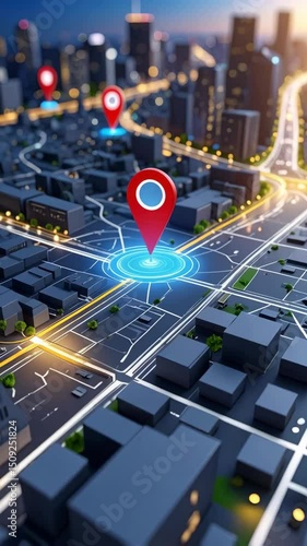 Aerial rendering of map with pin pointer locations in the abstract city for direction assistance and global positioning system