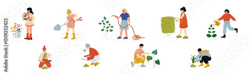 People Character Garden Worker Engaged in Farming Vector Set