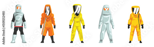 Protective Hazmat Suit of Employee of Disinfecting Services Vector Set