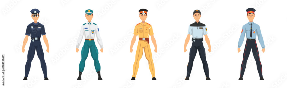 Man Police Officer Character in Uniform of Different Countries Vector Set Man Police Officer Character in Uniform of Different Countries Vector Set