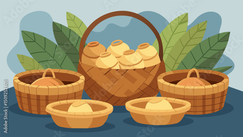 A display of woven palm leaf baskets commonly used for steaming and cooking food gives a glimpse into the sustainable and ecofriendly cooking ods of the past.. Vector illustration