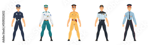Man Police Officer Character in Uniform of Different Countries Vector Set