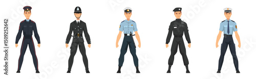 Man Police Officer Character in Uniform of Different Countries Vector Set