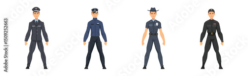 Man Police Officer Character in Uniform of Different Countries Vector Set