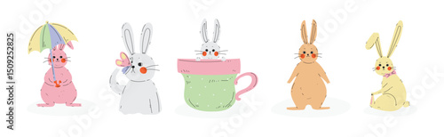 Funny Bunny Animal with Long Ears Vector Set