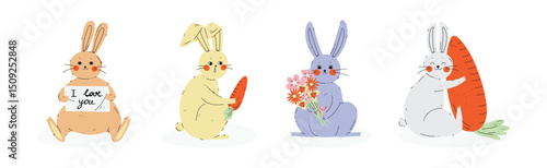 Funny Bunny Animal with Long Ears Vector Set