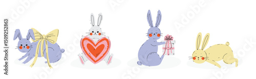 Funny Bunny Animal with Long Ears Vector Set