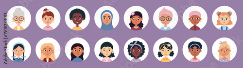 Diverse set of woman avatars with different hairstyles and accessories in a flat style