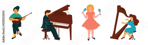 Man and Woman Play Different Musical Instrument Perform Concert in Orchestra Vector Set