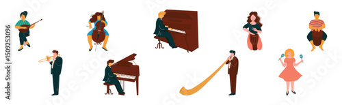 Man and Woman Play Different Musical Instrument Perform Concert in Orchestra Vector Set