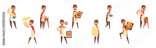 Mustached Man Pizza Maker Preparing Italian Pizza Vector Set