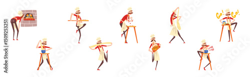 Mustached Man Pizza Maker Preparing Italian Pizza Vector Set
