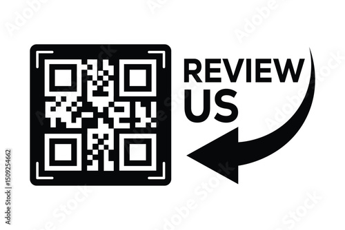 Minimalist black and white QR code centered, with "REVIEW US" text to the right. A curved arrow points from the words to the code. Clean, technical style on white background, front perspective.