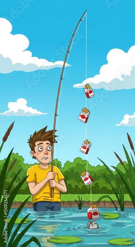 Cartoon Illustration: Boy Catches Cigarettes Instead of Fish