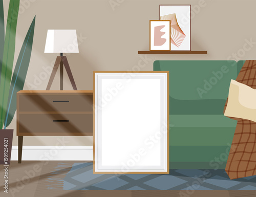Wooden photo frame in classic interior with green sofa. Vector illustration.