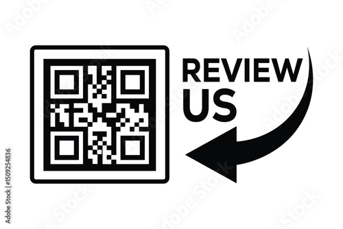 Minimalist black and white QR code centered, with "REVIEW US" text to the right. A curved arrow points from the words to the code. Clean, technical style on white background, front perspective.
