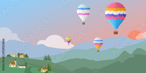 Hot air balloons in the mountains on a sunset. Hot air balloon trip. Vector banner.
