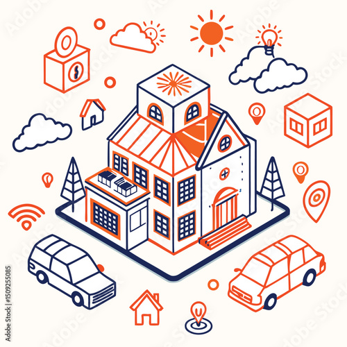 Isometric vector illustration of urban city architecture with houses, buildings, trees, cars, and roads