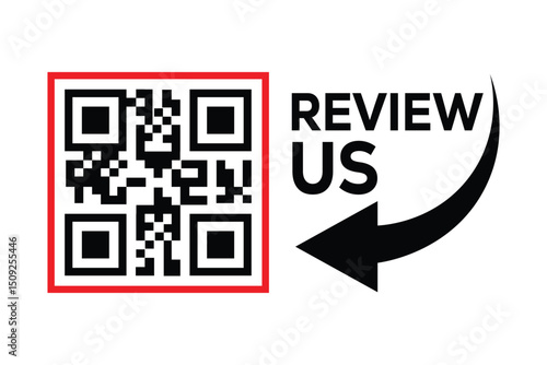 Minimalist black and white QR code centered, with "REVIEW US" text to the right. A curved arrow points from the words to the code. Clean, technical style on white background, front perspective.