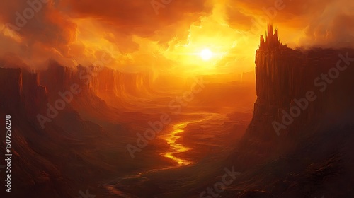 A dramatic sunset over a canyon with deep shadows and a river winding through the bottom
