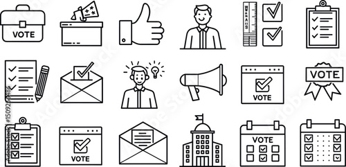 Set of isolated black outline voting and election icons including ballot box, checklist, voter, megaphone, calendar, and government building