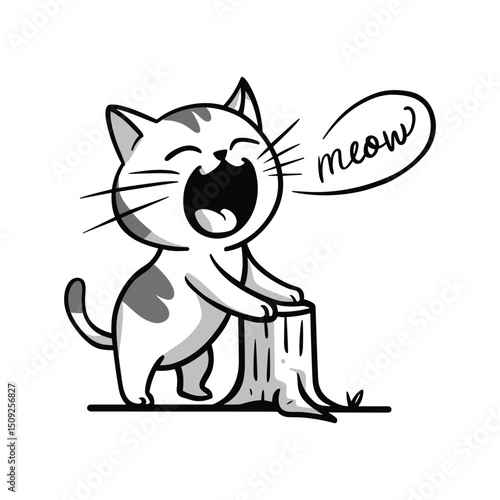 Happy cat meowing near tree stump cartoon illustration.