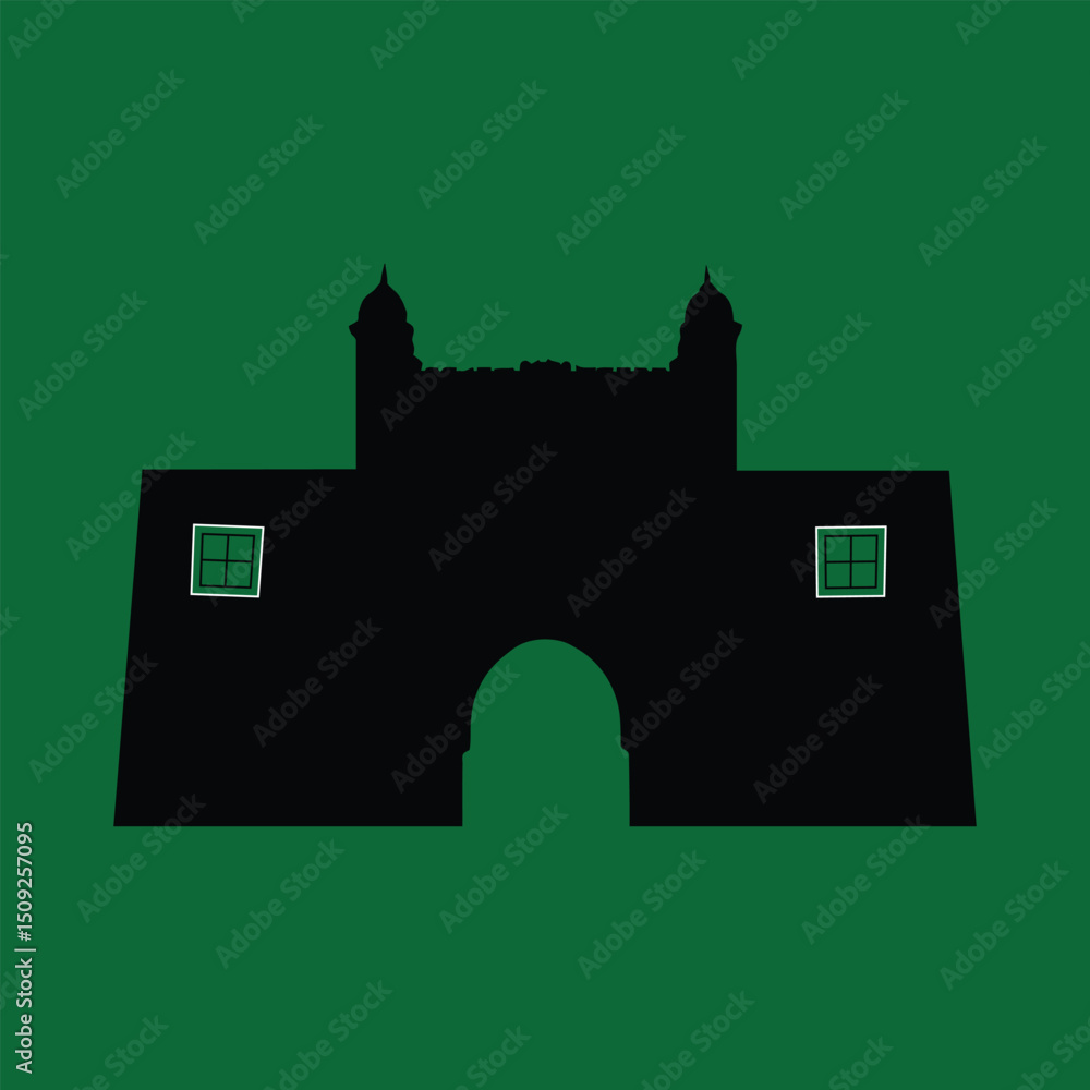 Silhouette of an Old Building with Windows on a Green Background Silhouette of an Old Building with Windows on a Green Background