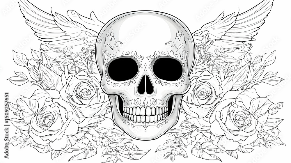 Fototapeta premium Monochrome Skull with Intricate Winged Design
