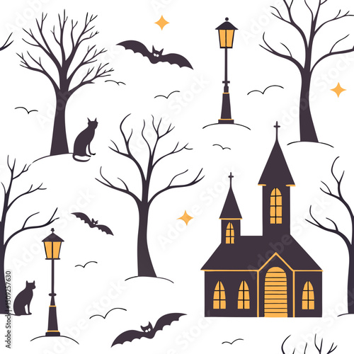 Spooky halloween silhouette pattern orange background witches cats bats art web old dark tree print