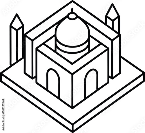 Geometric Isometric Illustration of Taj Mahal Icon in Black and White Style