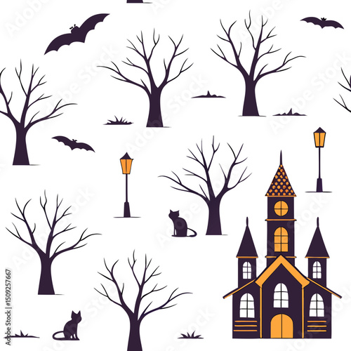 Spooky halloween silhouette pattern orange background witches cats bats art web old dark tree print