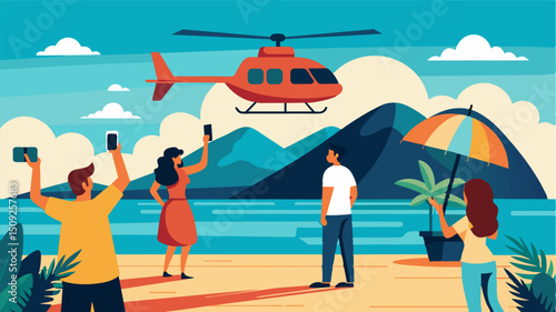 A group of tourists snap photos of the eVTOLs taking off and landing at the resorts helipad eager to capture a glimpse of tingedge technology in action.. Vector illustration
