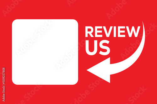 red background, white "REVIEW US" text with a large, curving arrow pointing left. Minimal camera/focus frame icon on the left. Ideal for calls-to-action, social media, customer feedback.