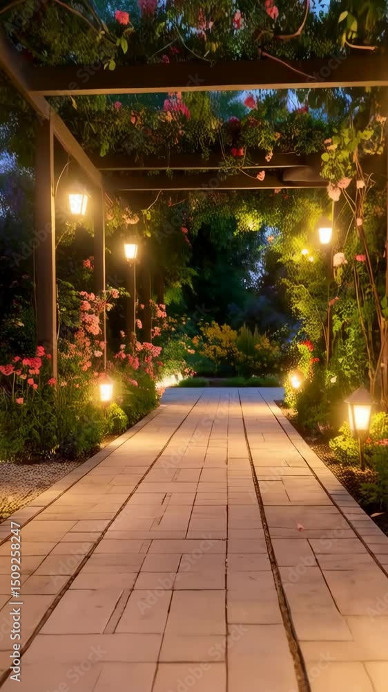 Illuminated garden pathway lined with roses leading to a dark lush green space at twilight hour creating a magical and romantic atmosphere Illuminated garden pathway lined with roses leading to a dark lush green space at twilight hour creating a magical and romantic atmosphere