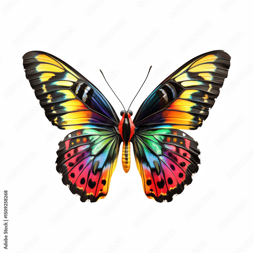 Fototapeta premium Colorful rainbow butterfly with detailed patterned wings, isolated on transparent background.