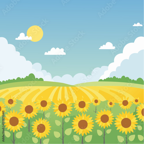 A sunflower field under a bright blue sky
