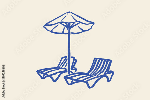 Beach loungers with umbrella minimalist sketch vector illustration