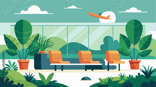 A natural seating area is included on the pads where visitors can admire the beautiful greenery and sustainable design while waiting for their flight.. Vector illustration