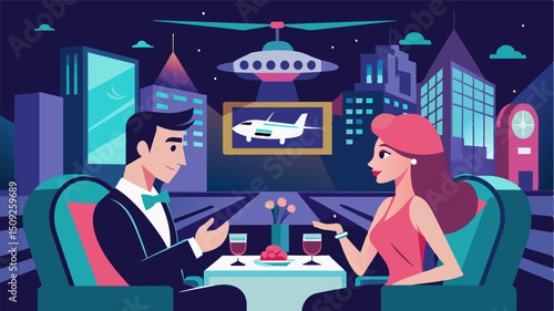 A couple enjoying a romantic dinner in their air taxi surrounded by digital billboards showcasing highend jewelry and designer watches.. Vector illustration