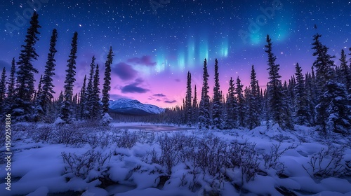 A dramatic view of the Northern Lights over a snowy forest landscape