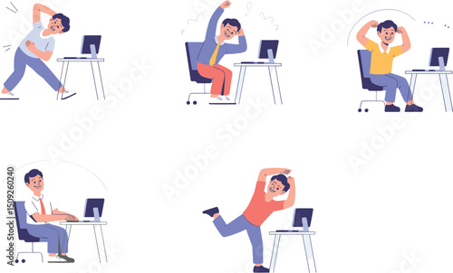 Vector illustration of happy office workers doing stretching exercises at desk with computers, promoting workplace wellness and ergonomic health flat vector illustration