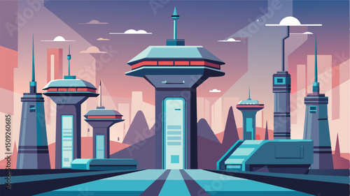 A network of metallic towers rise above the futuristic transportation hub serving as docking stations for the eVTOLs as they recharge and prepare for their next flight.. Vector illustration
