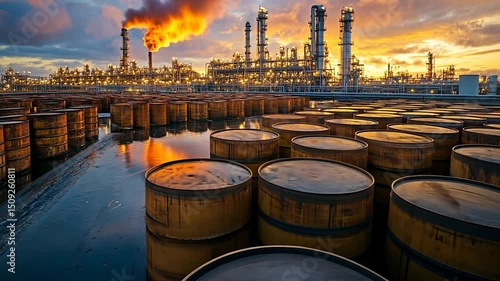 Industrial oil refinery at sunset with storage tanks