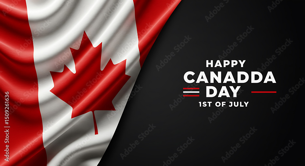 Obraz premium Happy Canada Day Celebration Graphic Banner with Waving Canadian Flag and 1st of July Text Background Design for Social Media and Promotion