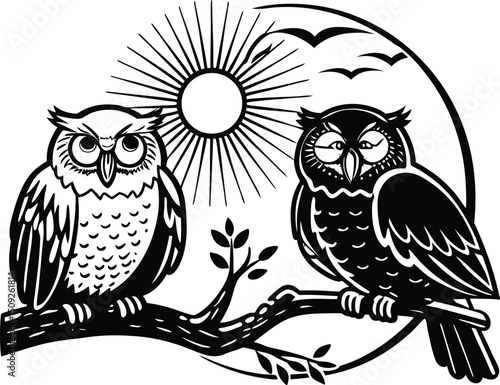 Two owls perched on a branch with sun and birds vector illustration